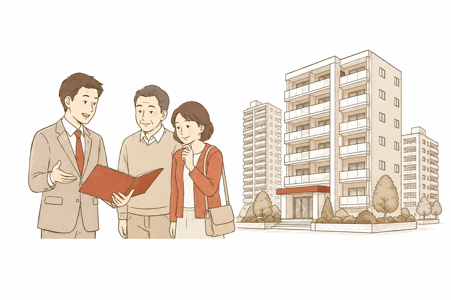 マンションの売却について、ご夫婦に資料を説明する担当者のイラスト。