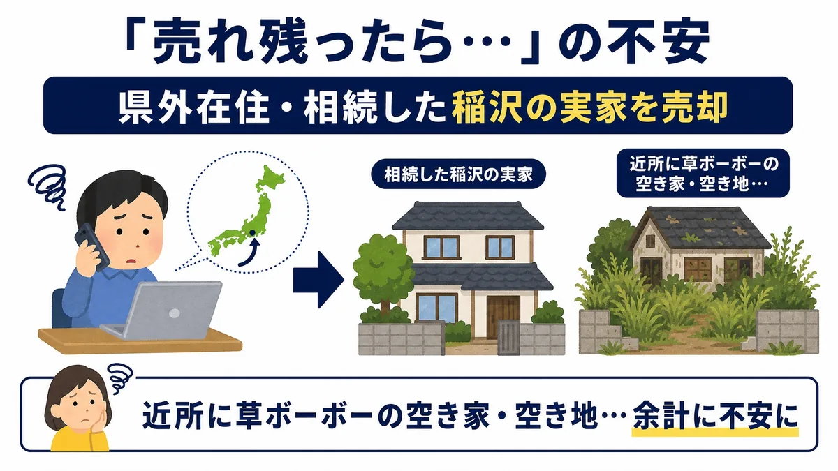 「『売れ残ったら…』の不安」という見出しの図。紺色の帯に「県外在住・相続した稲沢の実家を売却」とあり、左に日本地図を背にノートパソコンと電話で相談する男性、右に矢印でつないで「相続した稲沢の実家」の一戸建てと「近所に草ボーボーの空き家・空き地」の荒れた家が並んでいる。下部に「近所に草ボーボーの空き家・空き地…余計に不安に」と書かれている。
