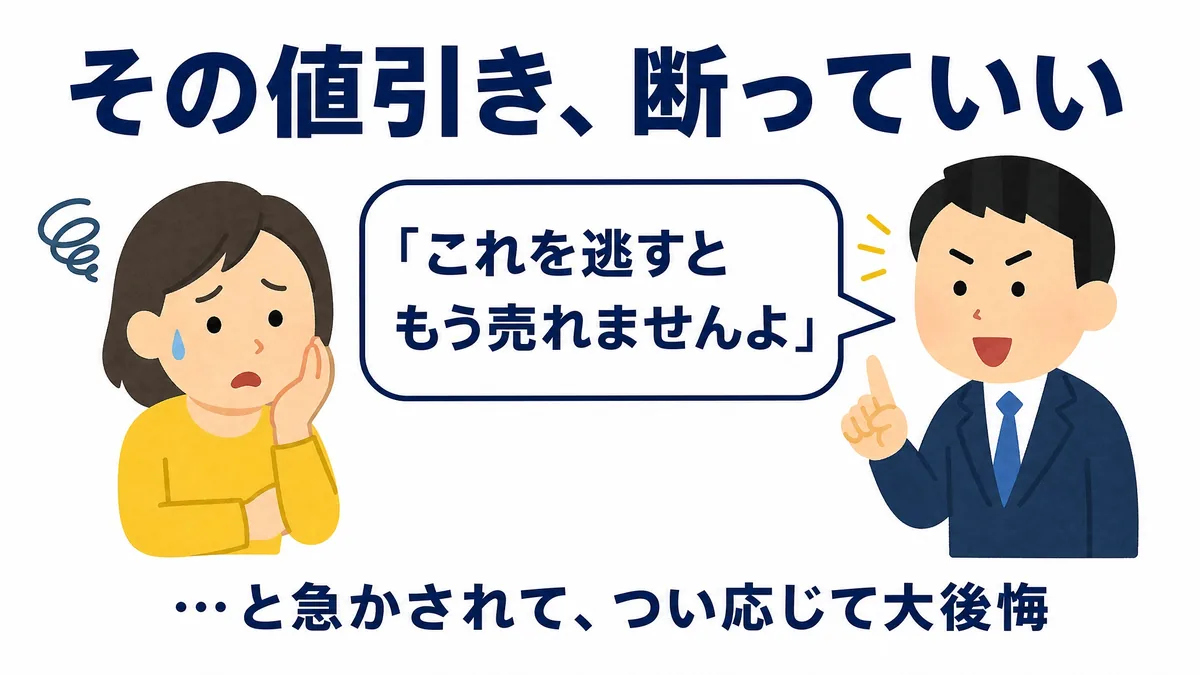 紺色の文字で「その値引き、断っていい」と大きく書かれた図。左に困った顔で頬に手を当てた黄色い服の女性、右にスーツ姿で人差し指を立てた男性が向き合い、男性から「これを逃すともう売れませんよ」という吹き出しが出ている。下部に「…と急かされて、つい応じて大後悔」と添えられている。