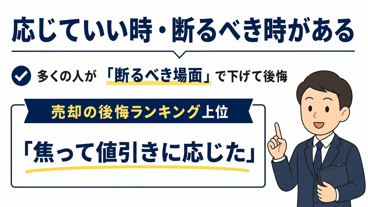 「応じていい時・断るべき時がある」という紺色の見出しの図。チェックマーク付きで「多くの人が『断るべき場面』で下げて後悔」と書かれ、その下の紺色の帯に「売却の後悔ランキング上位」、白い枠の中に黄色い下線つきで「焦って値引きに応じた」と大きく記されている。右にスーツ姿の男性が人差し指を立てて立っている。