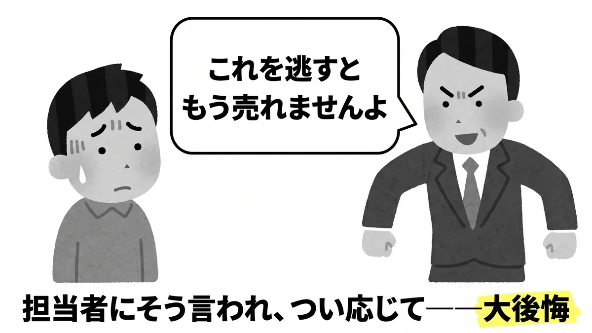 白黒のイラスト。左に汗をかいて困った表情の男性、右に眉を上げてやや強い表情のスーツ姿の担当者が向き合っている。担当者から「これを逃すともう売れませんよ」という大きな吹き出しが出ており、画面下部に「担当者にそう言われ、つい応じて――大後悔」と、最後の三文字だけ黄色いマーカーを引いて書かれている。