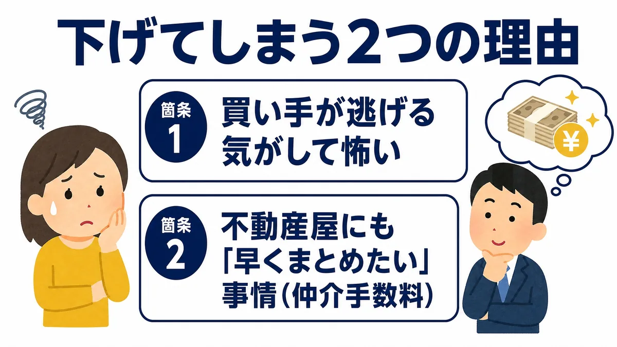 「下げてしまう2つの理由」という見出しの図。白い角丸の枠が二つ縦に並び、箇条1に「買い手が逃げる気がして怖い」、箇条2に「不動産屋にも『早くまとめたい』事情（仲介手数料）」と書かれている。左に不安そうな黄色い服の女性、右にスーツ姿の男性が立ち、男性の頭上には札束のイラストが浮かんでいる。