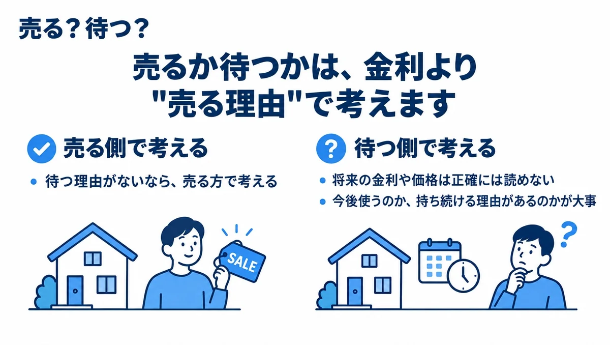 家を売るか待つかを金利予想ではなく売却理由で考える図解。待つ理由がなければ売る側で考え、将来使う予定や持ち続ける理由があるかを確認する。