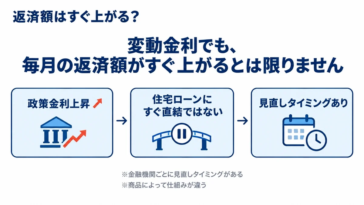 変動金利でも毎月の住宅ローン返済額がすぐ上がるとは限らず、政策金利上昇から金融機関ごとの見直し時期まで段階があることを示す図解。