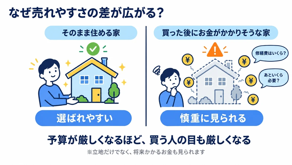 金利上昇で売れやすさの差が広がる理由を比較した図解。そのまま住める家と、購入後に修繕費がいくらかかるか分からない家を並べ、予算が厳しいほど後者が慎重に見られることを示す。