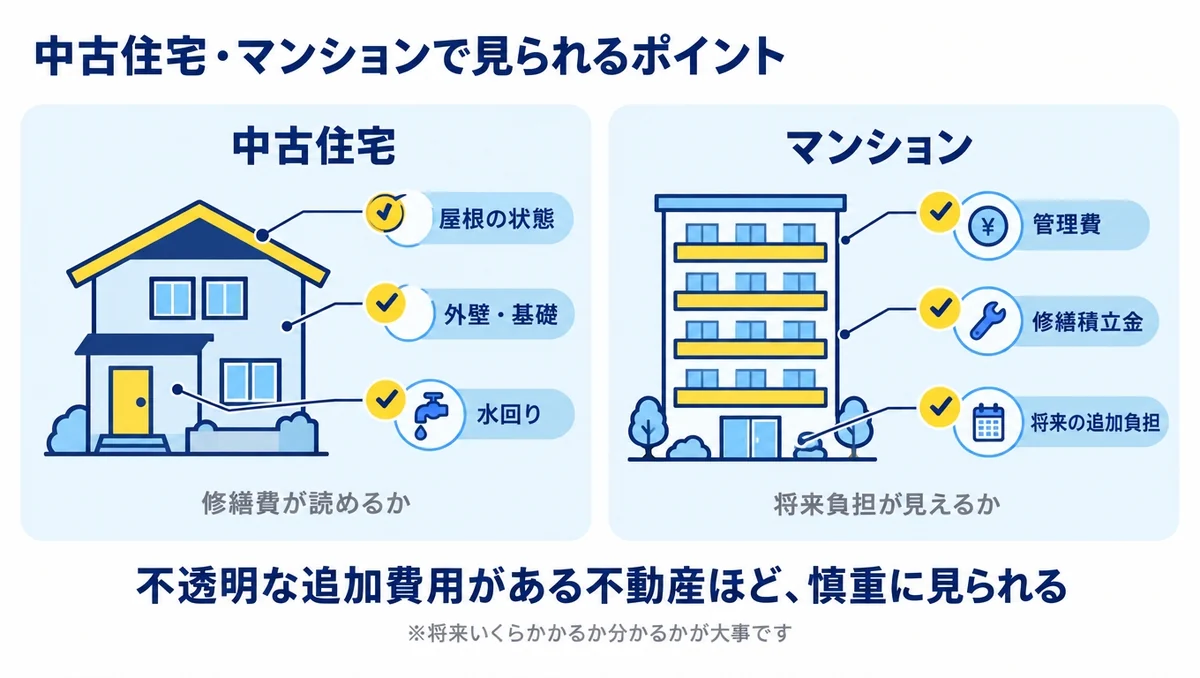 中古住宅とマンションで買主が確認する追加費用を示す図解。中古住宅は屋根、外壁・基礎、水回り、マンションは管理費、修繕積立金、将来の追加負担を確認する。