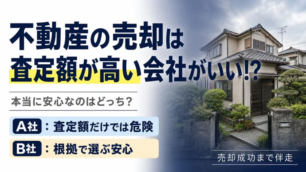 稲沢市で不動産売却の査定額の選び方について解説するブログアイキャッチ画像。A社とB社の比較と一戸建て住宅の写真