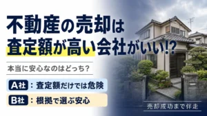 稲沢市で不動産売却の査定額の選び方について解説するブログアイキャッチ画像。A社とB社の比較と一戸建て住宅の写真