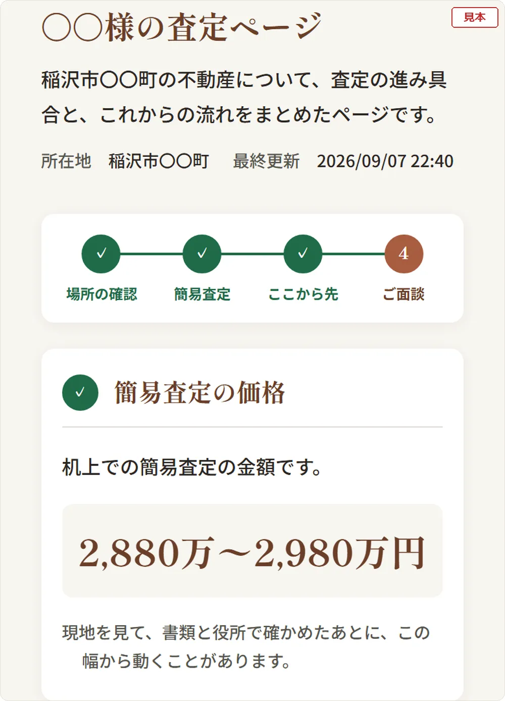 お客様専用の査定ページをスマホで開いた画面の見本。進み方の帯の下に、簡易査定の価格として2,880万円から2,980万円が大きく書かれている。