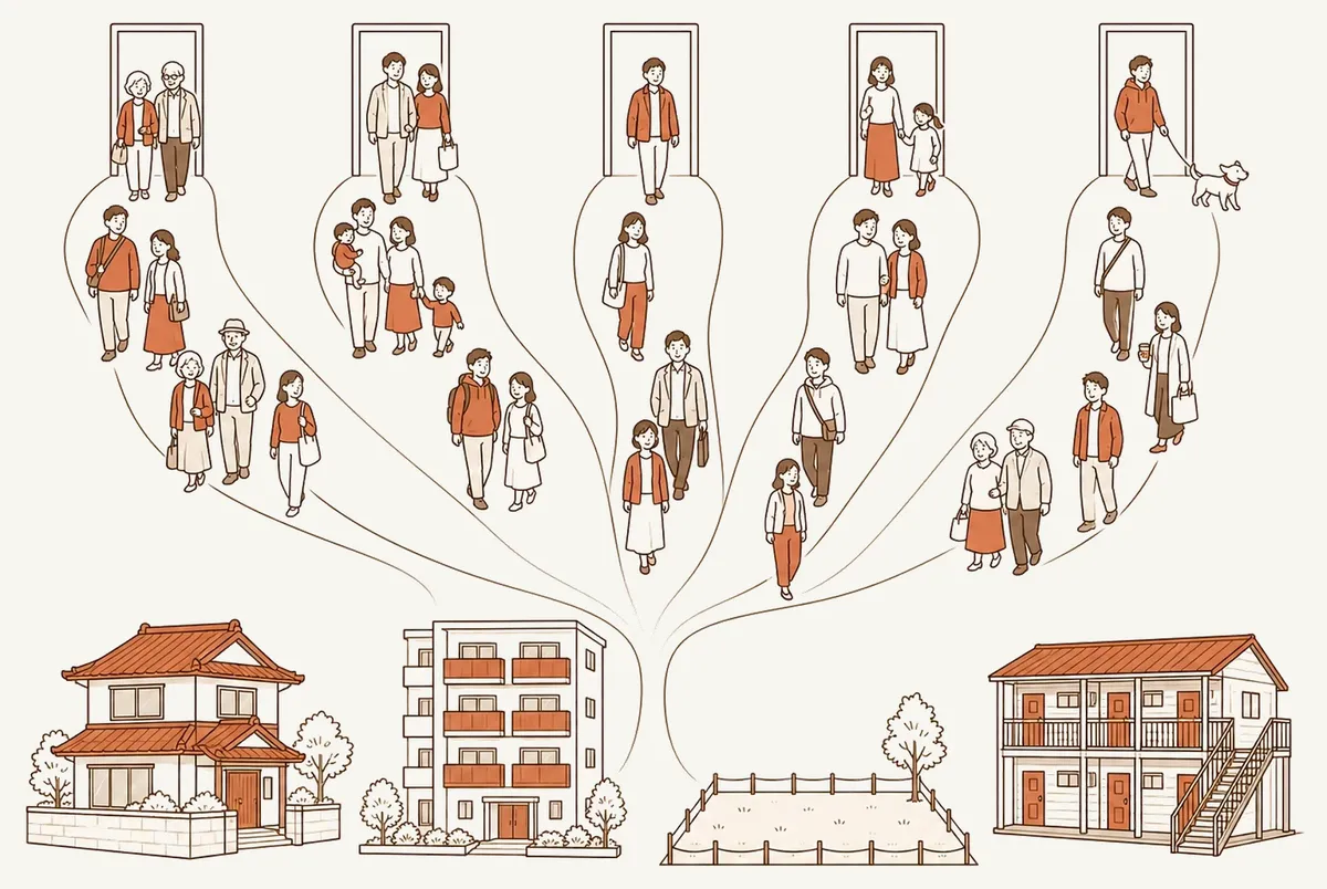 5つの入口から、買いたい方が戸建て・マンション・土地・アパートへ集まるイラスト