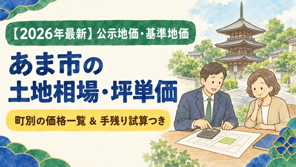 【2026年最新】あま市の土地相場・坪単価（甚目寺観音の三重塔を背景に町別の価格一覧と手残り試算を相談するイラスト）