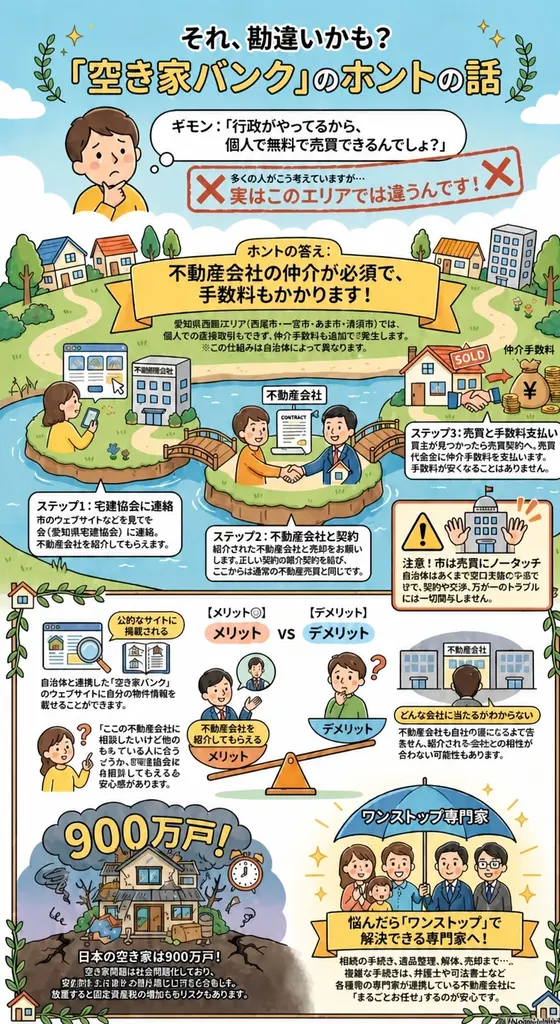 稲沢市の空き家バンクの仕組みを縦長で整理した図。宅建協会への連絡、不動産会社との契約、売買成立時の仲介手数料などの流れ。