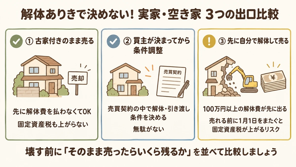 空き家の3つの出口と手取り額の考え方を比較した図解。1.古家付きのまま売る(解体費の先行出費なし)、2.買主が決まってから解体条件を決める、3.自分で解体して更地で売る(解体費の先行出費と翌年の固定資産税負担増に注意)。壊す前に売却価格と費用を比較する案内。