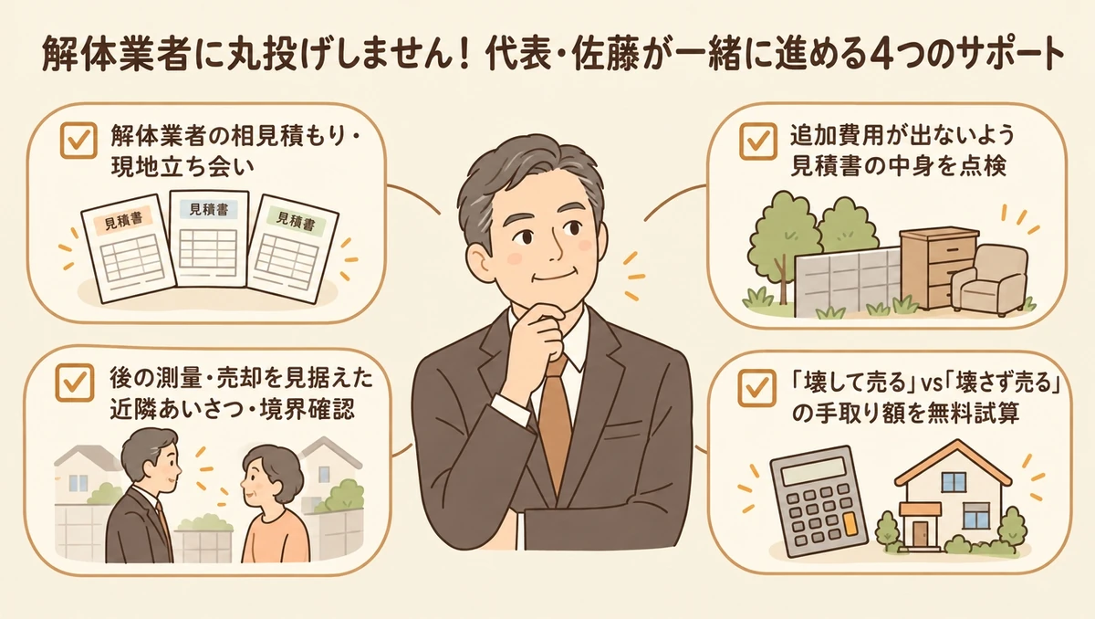 稲沢あんしん不動産の代表・佐藤が空き家の解体と売却相談でサポートする4つの内容を示す図解。1.解体業者の相見積もりと現地立ち会い、2.残置物や塀など追加費用項目の見積書チェック、3.測量を見据えた近隣あいさつと境界確認、4.古家付き売却と更地売却の手取り比較。