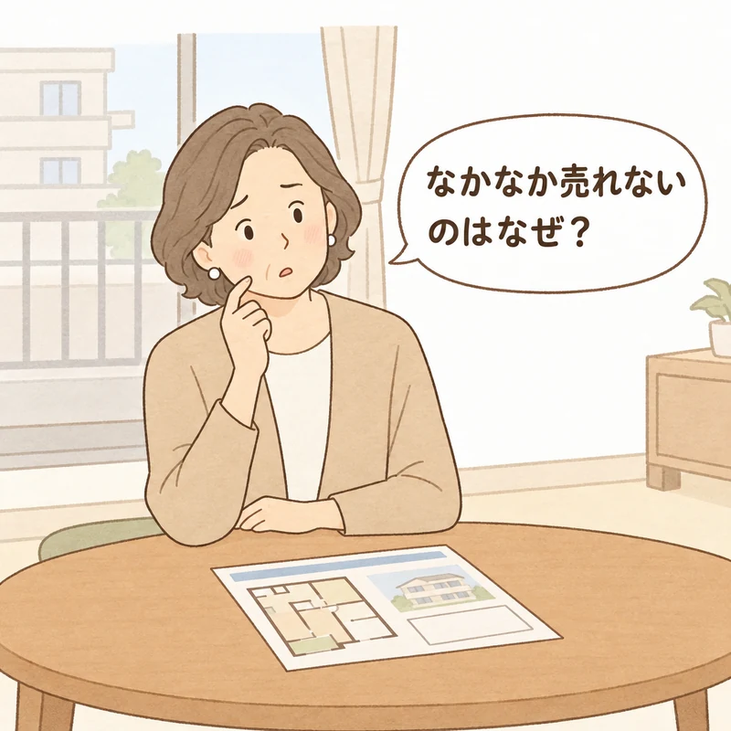 マンションがなかなか売れずに悩む売主の気持ちを表した場面。明るい日差しが入るマンションのリビングで、60代くらいの女性が丸いテーブルに肘をつき、頬に人差し指を当てて困ったように首をかしげている。テーブルには間取り図と建物の写真が載った売り出し中のチラシ。女性の吹き出しには「なかなか売れないのはなぜ?」。窓の外にはベランダと向かいの建物が見える。やわらかい手描きの、温かい雰囲気。