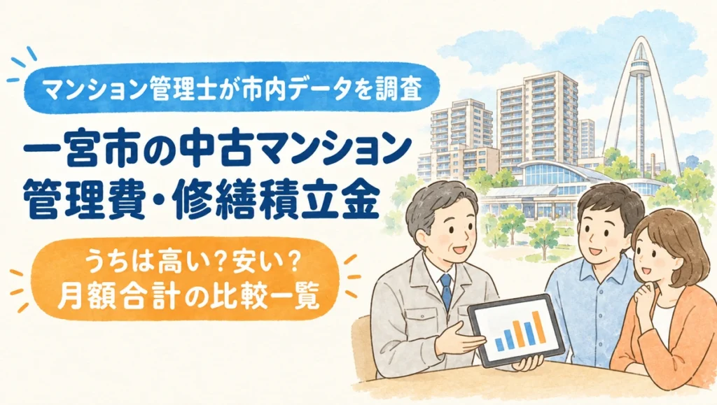 一宮市の中古マンション管理費・修繕積立金（ツインアーチ138と分譲マンションを背景にマンション管理士がご夫婦へ月額合計の比較一覧を案内するイラスト）
