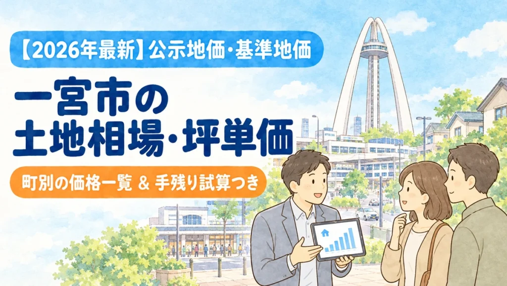 【2026年最新】一宮市の土地相場・坪単価（ツインアーチ138を背景にご夫婦へ町別の価格一覧と手残り試算を案内するイラスト）