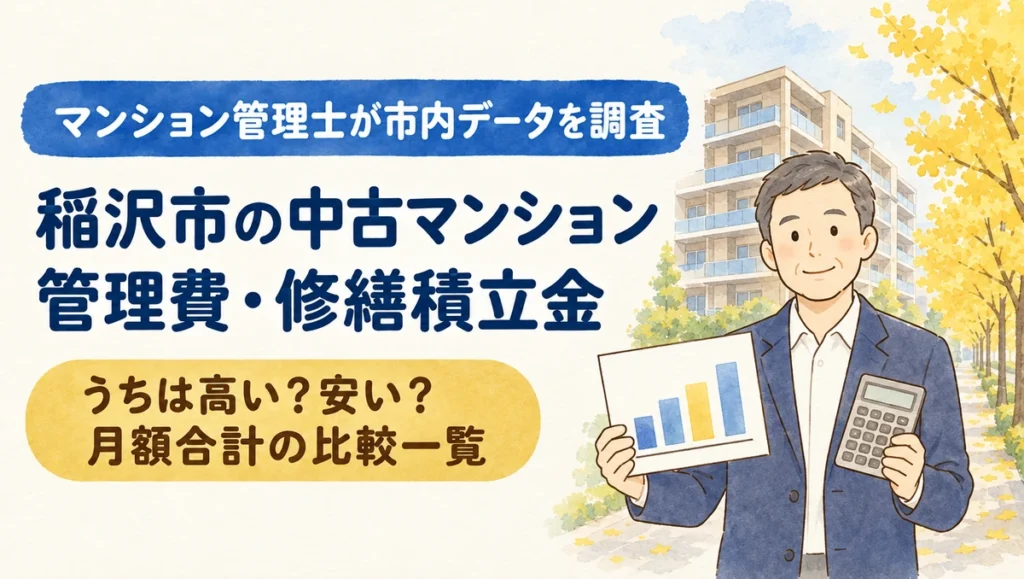 稲沢市の中古マンション管理費・修繕積立金（黄金色のイチョウ並木と分譲マンションを背景にマンション管理士が月額合計の比較一覧を案内するイラスト）