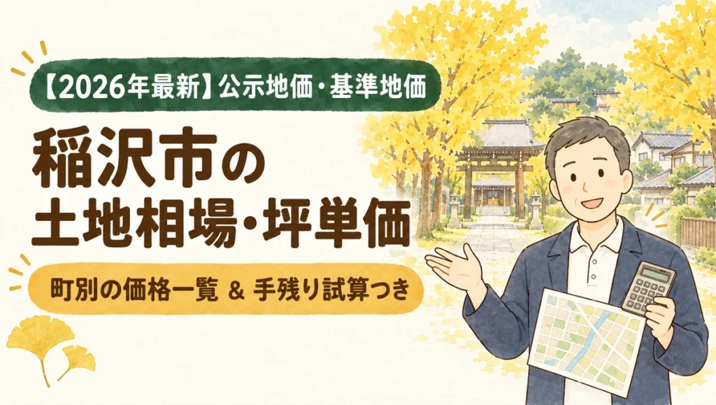 【2026年最新】稲沢市の土地相場・坪単価（黄金色のイチョウ並木と神社の参道を背景に町別の価格一覧と手残り試算を案内するイラスト）