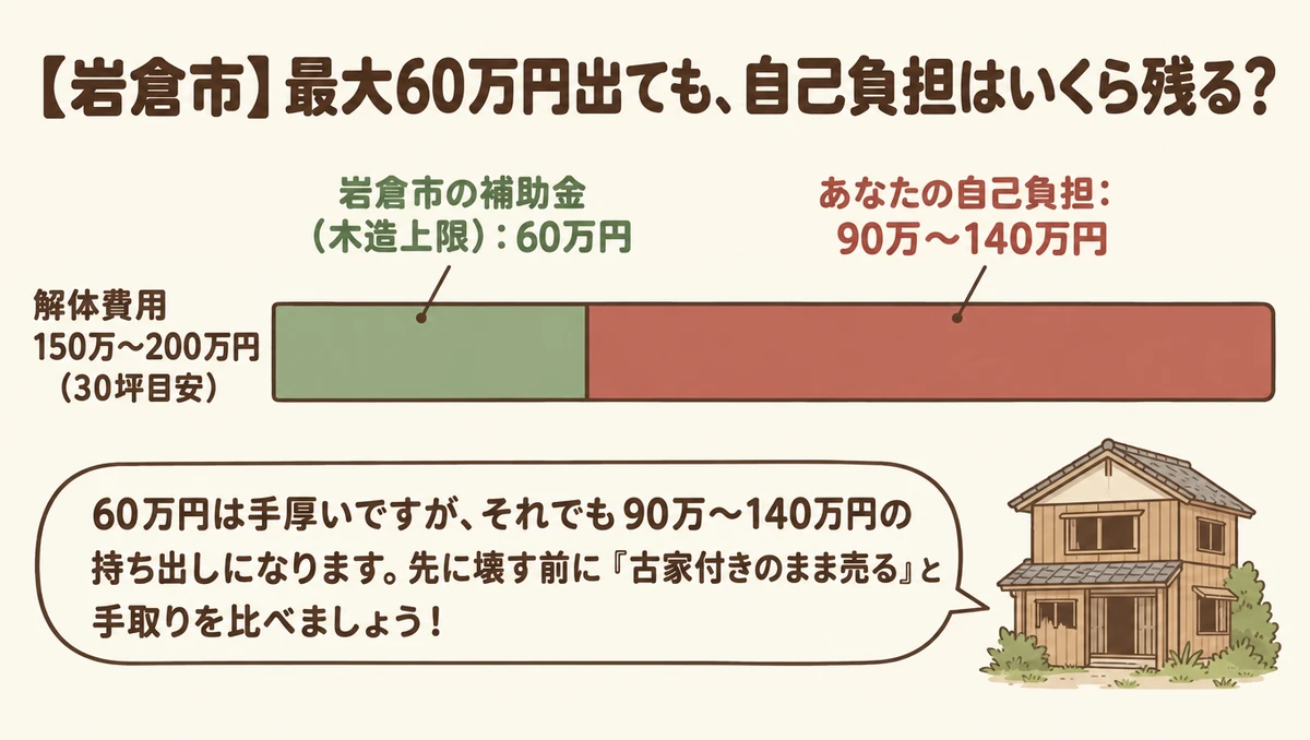 岩倉市で木造30坪の解体費が150万円〜200万円だった場合の自己負担額を示す図解。上限60万円の補助を受けても90万円〜140万円の自己負担が残るため、解体前に古家付き売却と比較すべきことを示すグラフ。