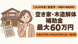【2026年度】岩倉市の空き家・木造住宅解体補助金（木造は上限60万円、非木造空き家は上限20万円）の2種類の条件と申請手順を解説するブログアイキャッチ画像