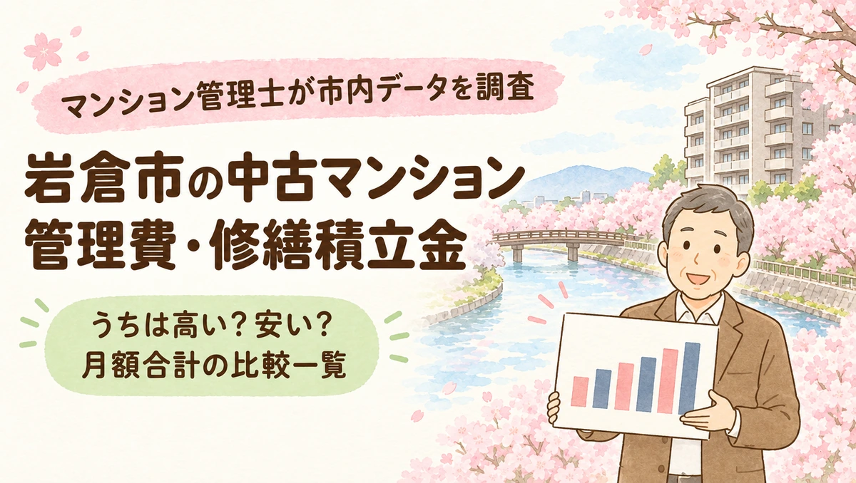 岩倉市の中古マンション管理費・修繕積立金(五条川の満開の桜並木と分譲マンションを背景にマンション管理士が月額合計の比較一覧を案内するイラスト)