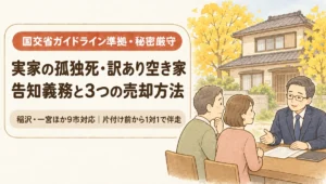 実家の孤独死や訳あり空き家の売却・告知義務の基準について代表の佐藤がご夫婦へ1対1で解説するブログアイキャッチイラスト（稲沢市・一宮市ほか9市対応）