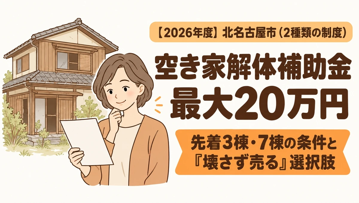 【2026年度】北名古屋市の空き家解体補助金（空家解体費補助・先着3棟、民間木造住宅除却・先着7棟、いずれも最大20万円）の条件と注意点を解説するブログアイキャッチ画像