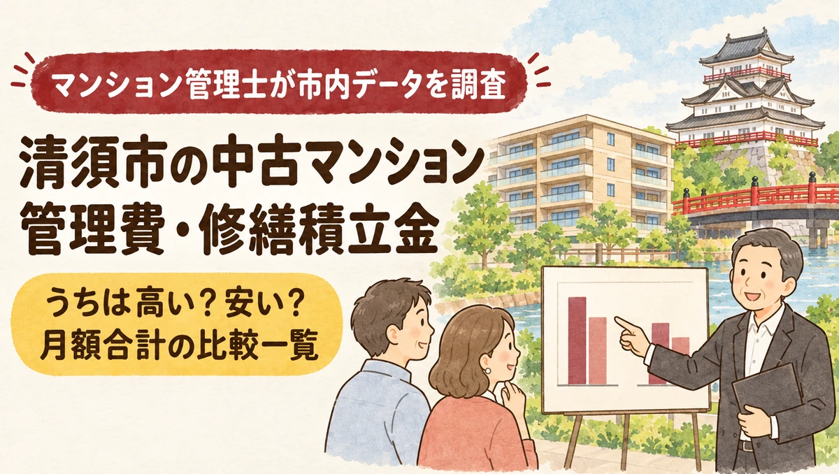 清須市の中古マンション管理費・修繕積立金（清須城と赤い橋・分譲マンションを背景にマンション管理士が月額合計の比較一覧を案内するイラスト）