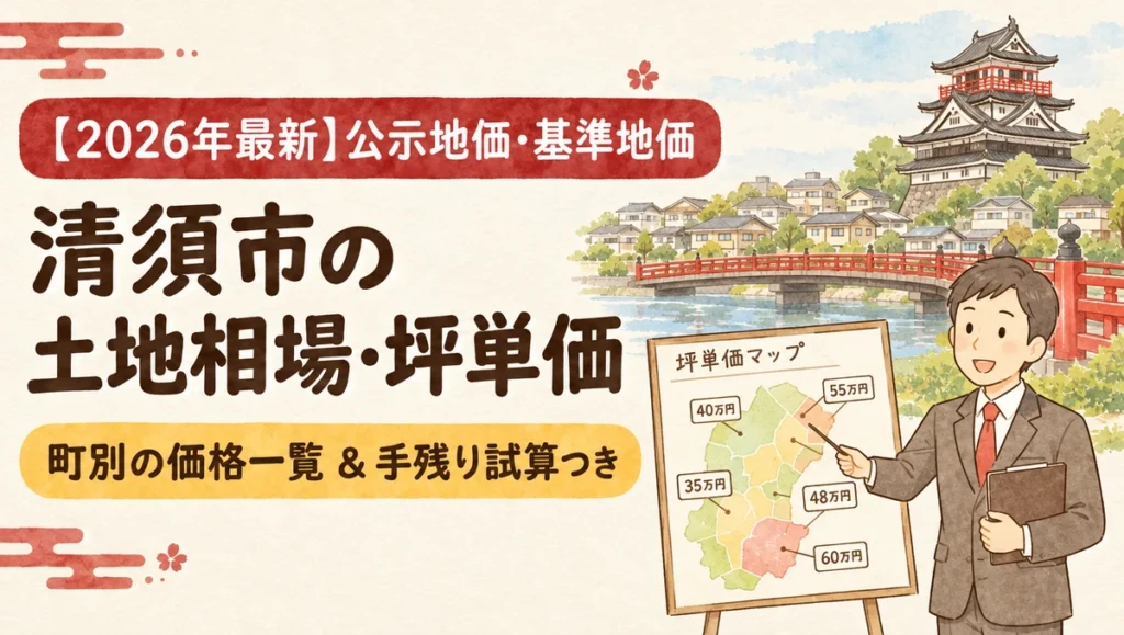 【2026年最新】清須市の土地相場・坪単価（清須城と赤い橋を背景に坪単価マップと手残り試算を案内するイラスト）