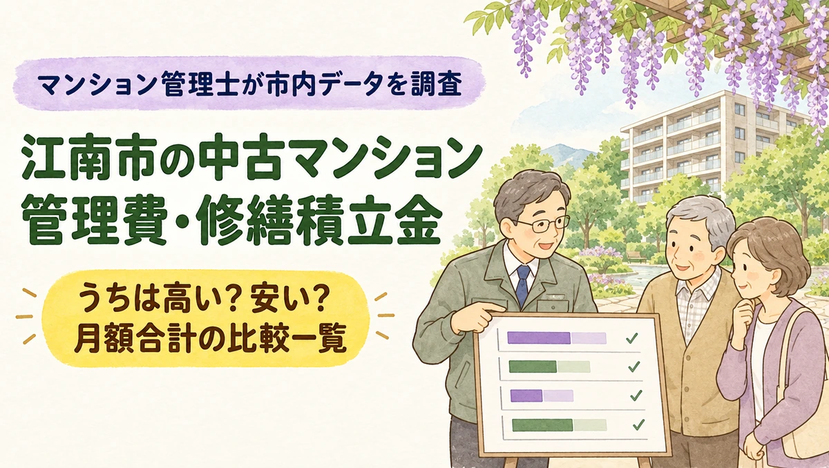 江南市の中古マンション管理費・修繕積立金(曼陀羅寺の美しい藤棚と分譲マンションを背景にマンション管理士がご夫婦へ月額合計の比較一覧を案内するイラスト)
