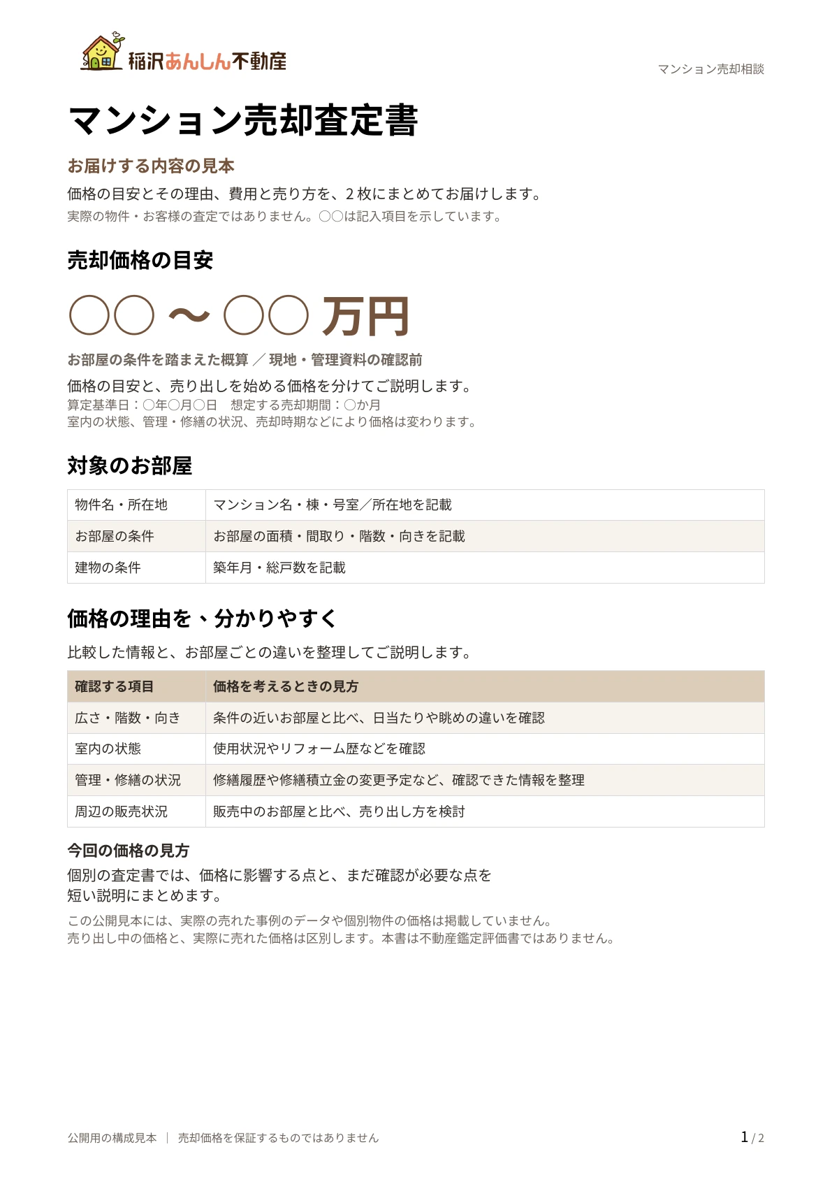 査定書見本1頁:価格目安と理由