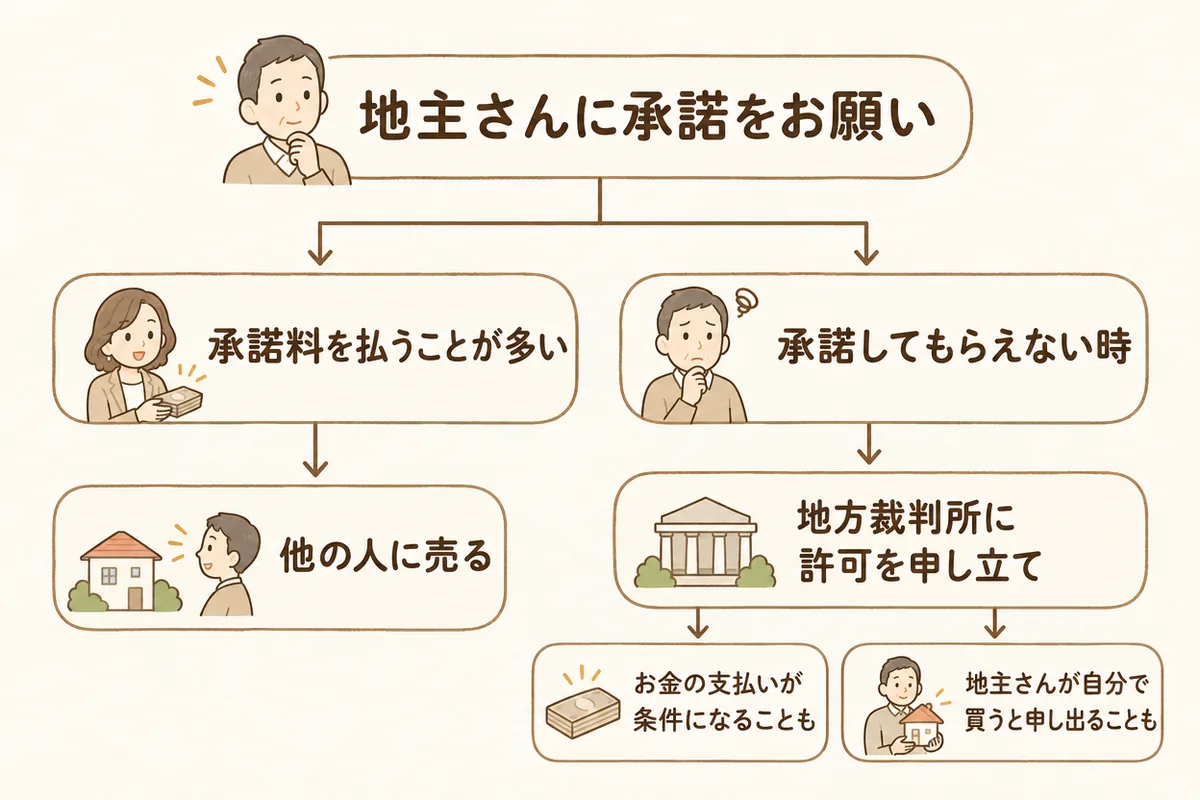 第三者に売るときの流れ図。地主さんの承諾が必要で、承諾されない時は地方裁判所に許可を申し立てられる。