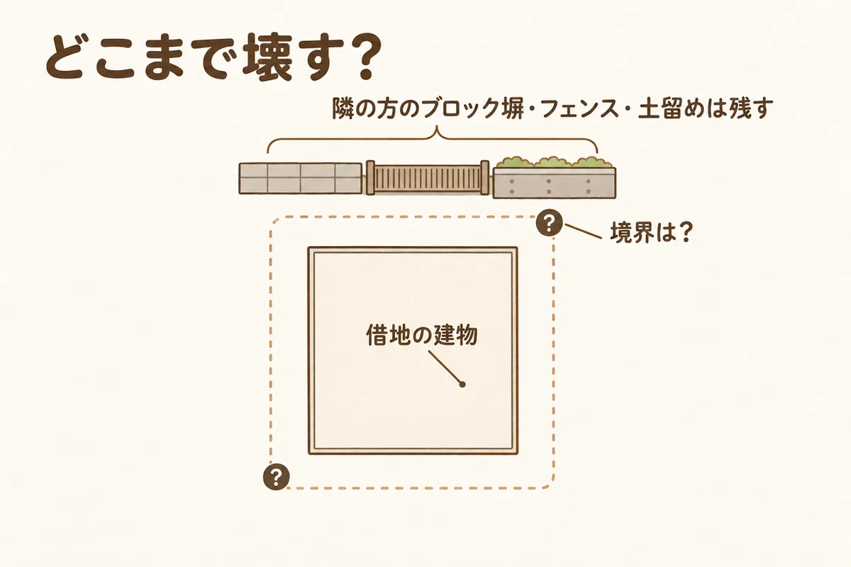 壊す範囲が分からなかった配置図。境界が決まっておらず、隣の方のブロック塀やフェンス、土留めは残すことになった。
