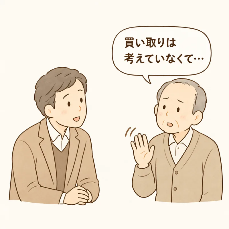 借地人さんが地主さんに買い取りを相談する場面。地主さんは「買い取りは考えていなくて…」と困った表情。