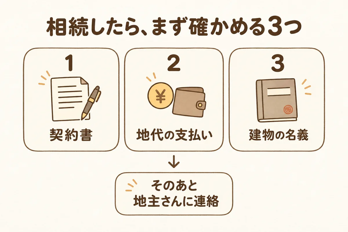 相続したらまず確かめる3つ。契約書、地代の支払い、建物の名義を確かめてから地主さんに連絡する。