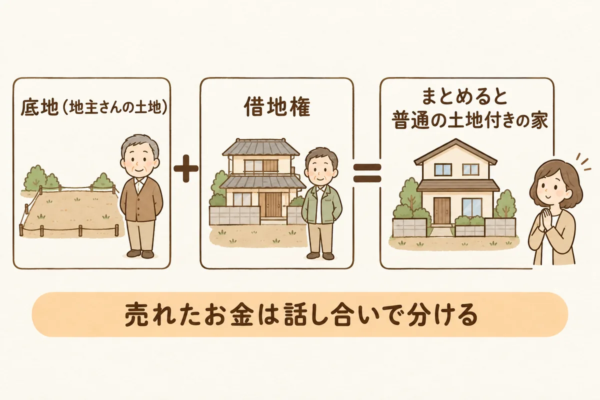 底地と借地権をまとめて売る図。2つを合わせると普通の土地付きの家として売りやすくなる。