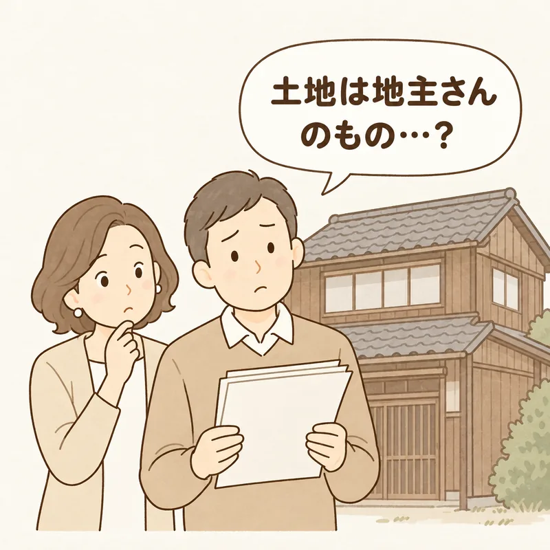 古い実家の前で書類を手に考え込む夫婦。「土地は地主さんのもの…?」と戸惑っている。