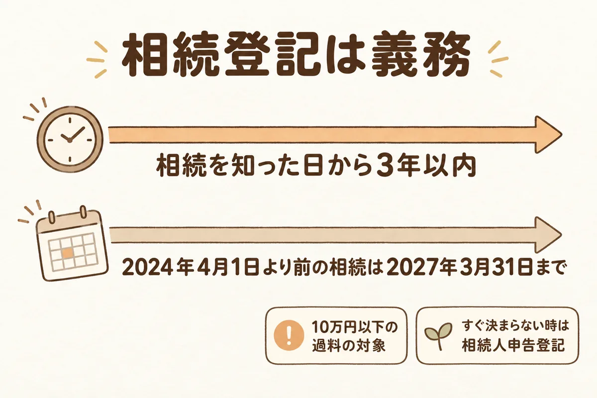 相続登記の期限の図。相続を知った日から3年以内、2024年4月1日より前の相続は2027年3月31日まで。決まらない時は相続人申告登記ができる。