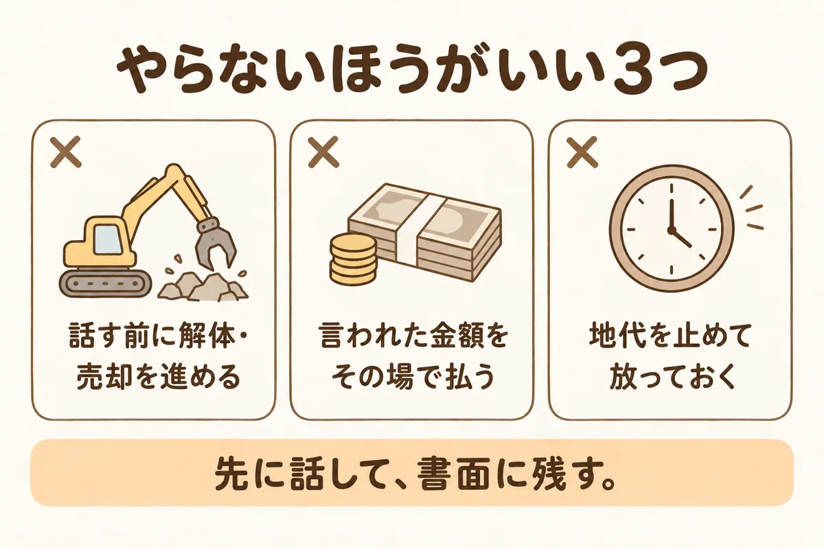 借地の家でやらないほうがいい3つ。地主さんに話す前に解体や売却を進める、言われた金額をその場で払う、地代を止めて放っておく。