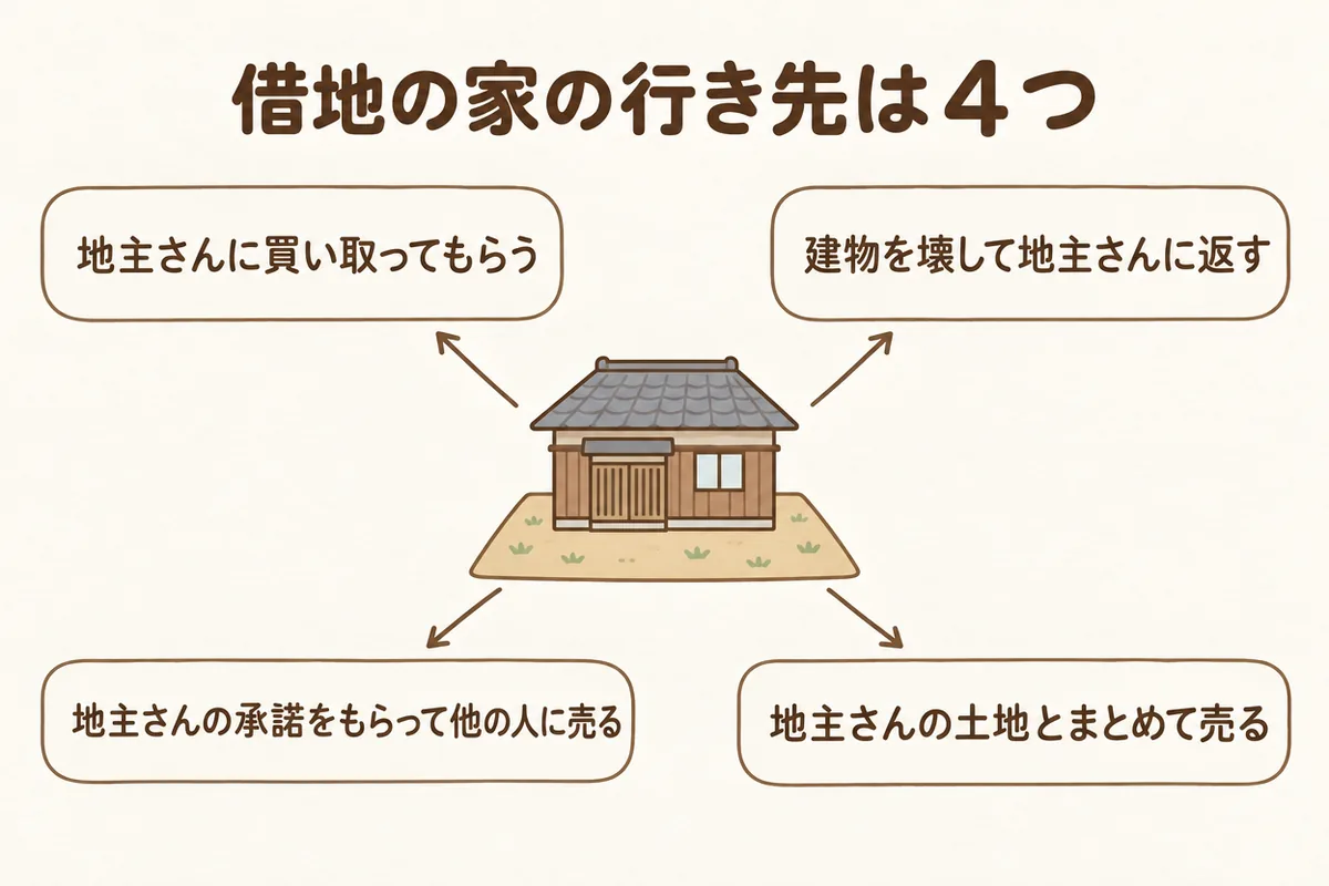 借地の家の4つの行き先。地主さんに買い取ってもらう、壊して返す、承諾をもらって他の人に売る、地主さんの土地とまとめて売る。