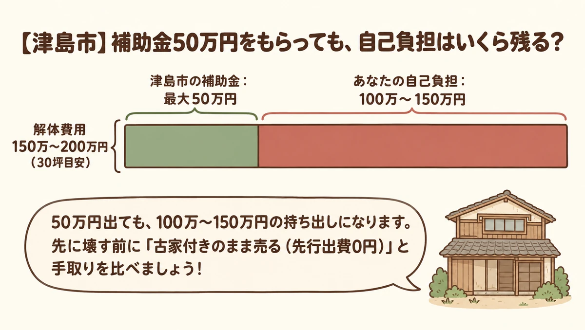津島市で解体費150万円〜200万円の場合の自己負担額の試算図解。上限50万円の補助金を受けても100万円〜150万円の自己負担が残るため、解体前に古家付き売却と手取りを比較すべきことを示す棒グラフ。