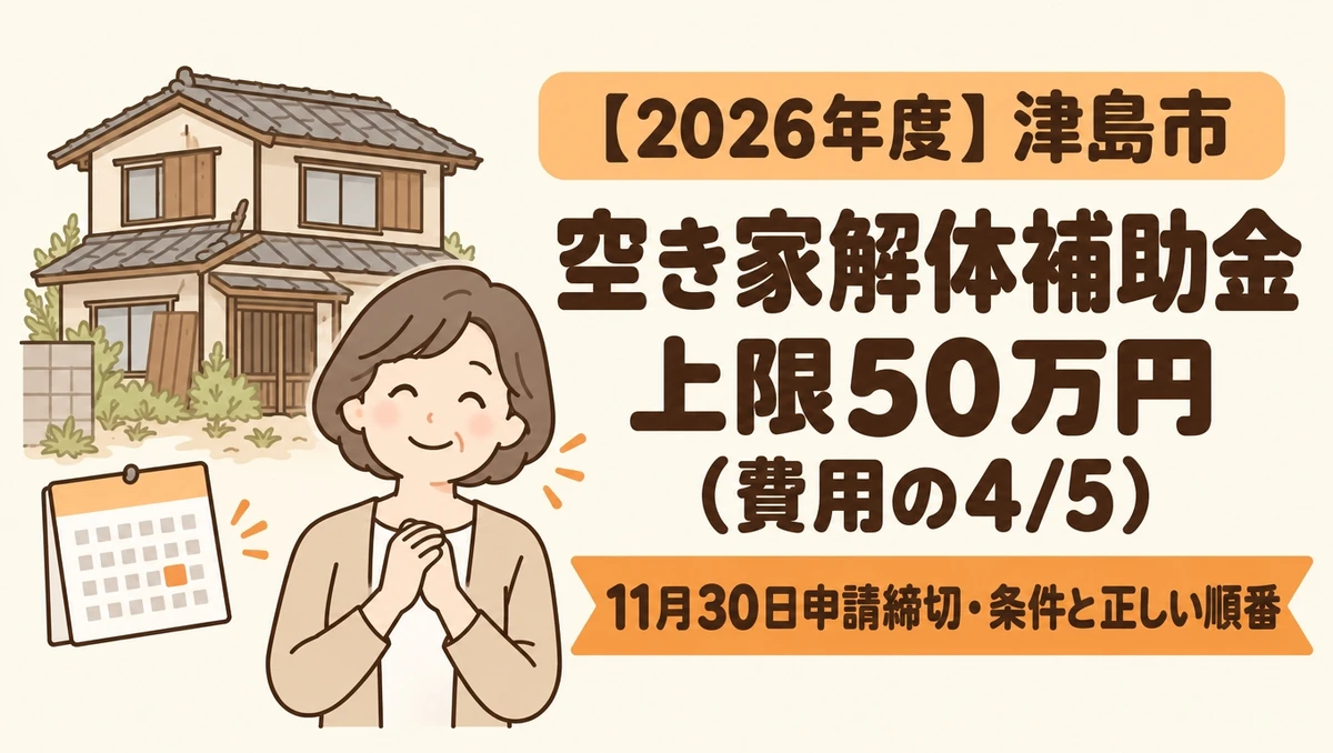 【2026年度】津島市の空き家解体補助金(上限50万円・解体費の5分の4)の対象条件と11月30日締切の注意点を解説するブログアイキャッチ画像